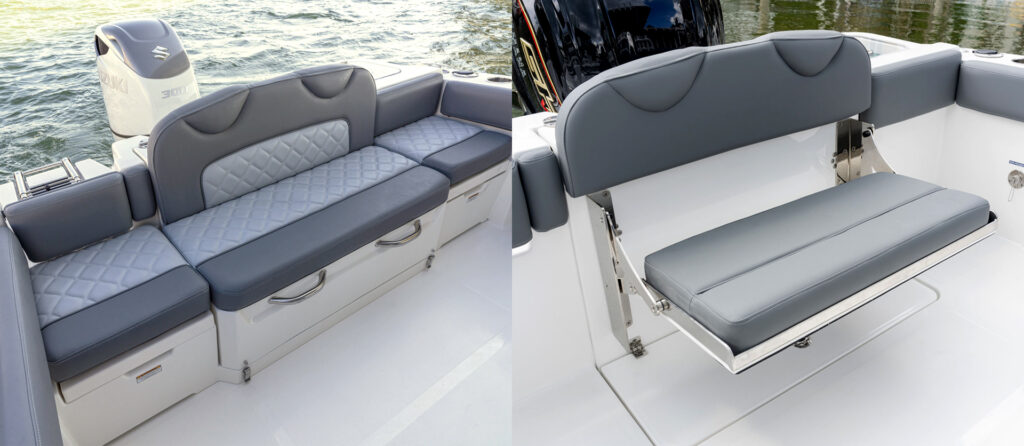 Rear transom seating configurations give you the choice of fixed rear seating with underseat storage and fish boxes or a retractable rear seat for a wide-open deck.